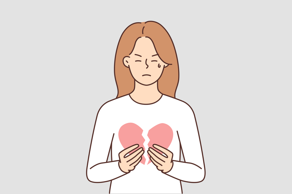 Unhappy young woman holding broken heart suffer from relationship split or breakup. Upset crying girl struggle with divorce or separation. Vector illustration. . Unhappy woman hold broken heart