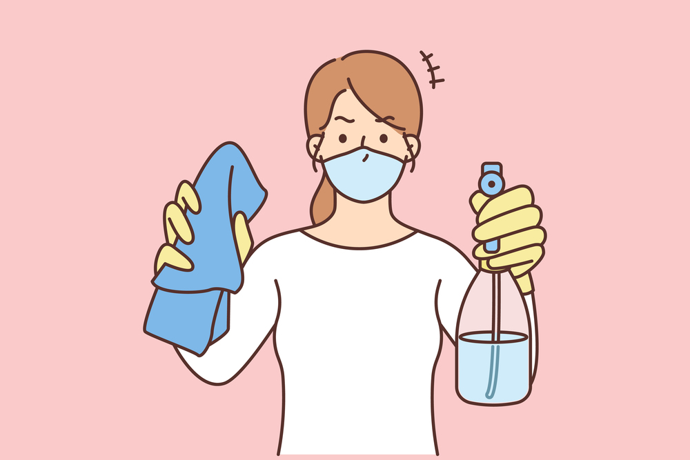 Woman in face mask hold detergents in hands ready for cleaning. Female housekeeper with liquid and cloth. Housekeeping concept. Vector illustration. . Woman with detergents for cleaning