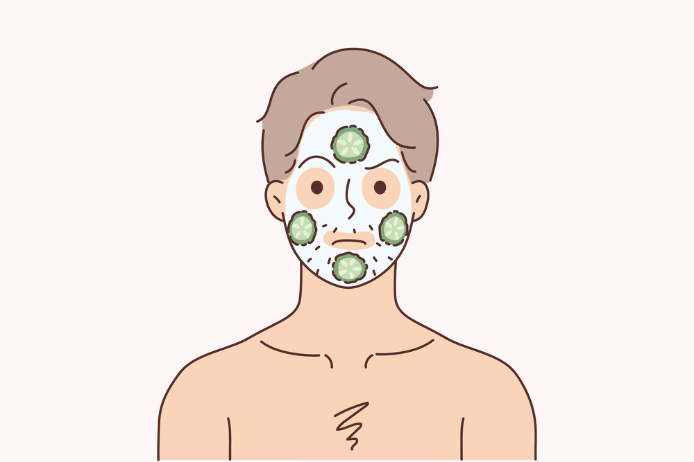 Man with facial mask for smooth healthy skin. Unhappy male do face procedures put cucumbers for hydration. Beauty and skincare. Vector illustration. . Man do face mask with cucumbers