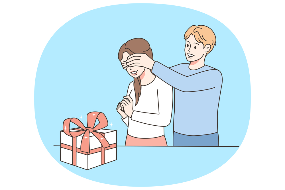 Man close woman eyes making surprise. Male lover congratulate greet female present gift box on birthday or special occasion. Vector illustration.. Man close woman eyes making surprise