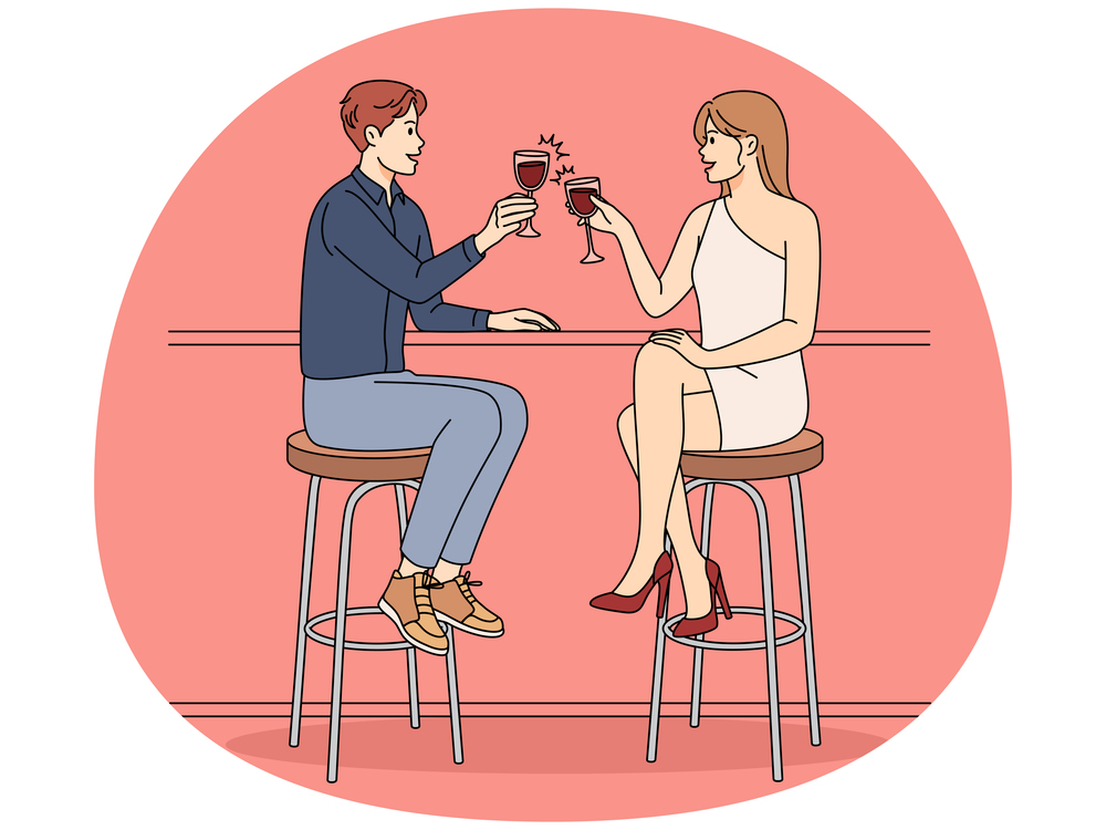 Happy couple sit at counter in bar cheers with wine enjoying date out. Smiling man and woman drinking cocktail relaxing on evening in restaurant. Vector illustration.. Happy couple enjoy date in restaurant