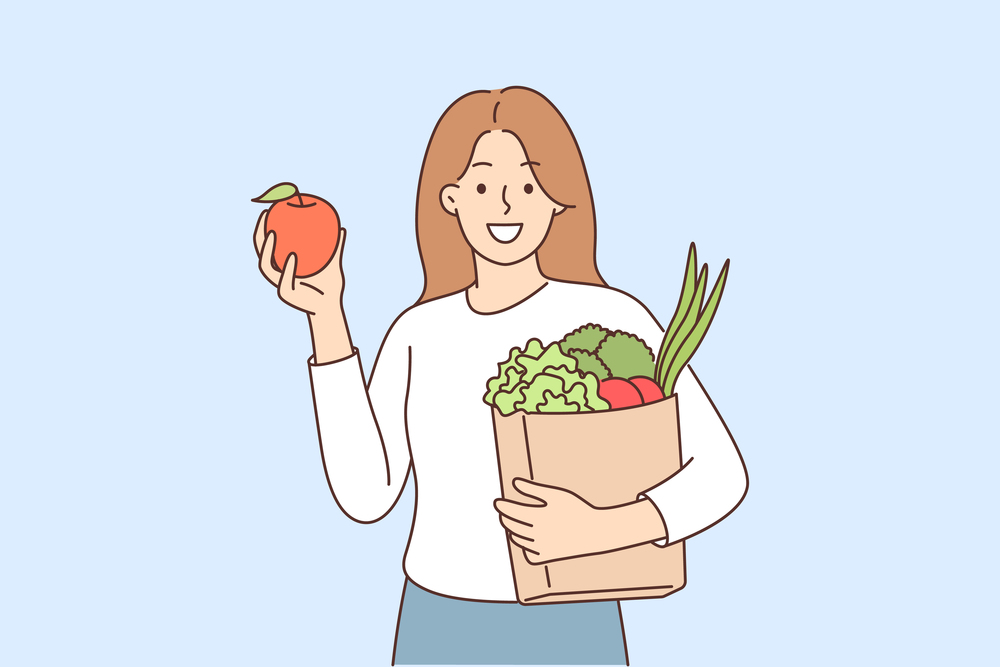 Woman buyer bought fruits and vegetables in grocery supermarket and holds paper bag recommending to refuse plastic packaging. Girl buyer of organic food store smiles and looks at screen. Woman buyer bought fruits and vegetables in grocery supermarket and holds paper bag