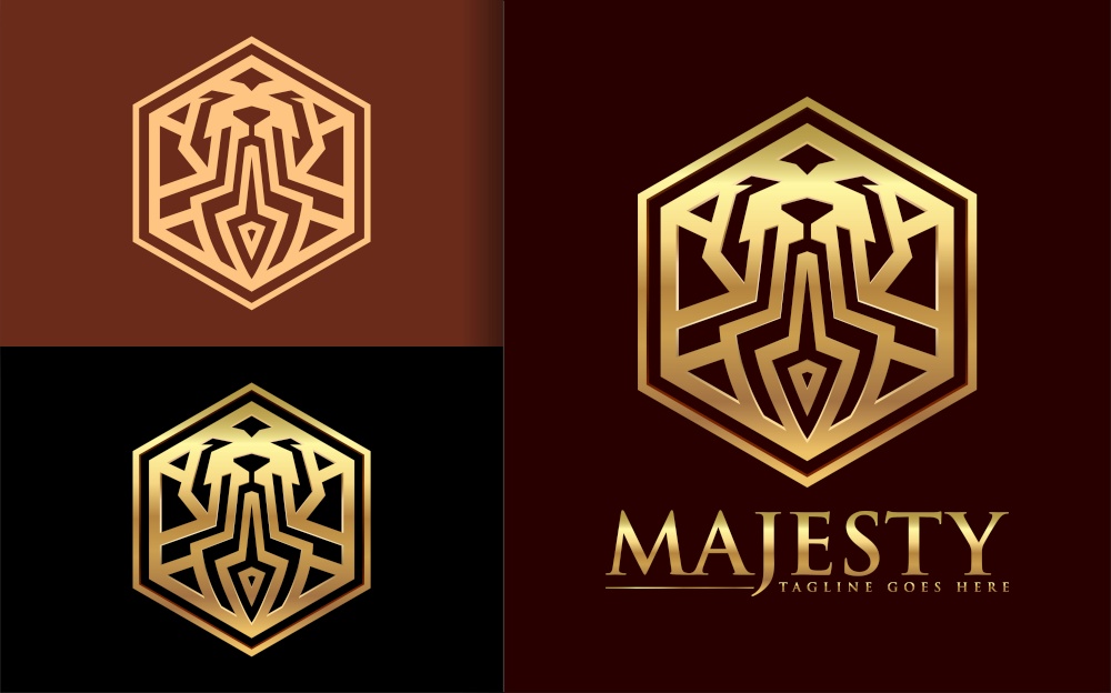 The Logo Concept of a Wild Animal face Combination by Forming a Golden Metallic Hexagon Style Concept.