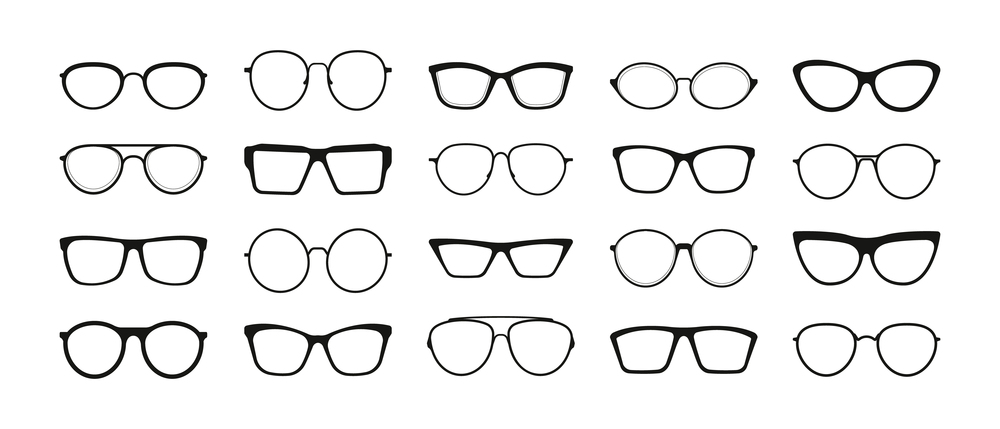 Sunglasses rim. Fashion glasses frame different shapes, black simple eyeglass silhouettes collection, eyesight care concept. Vector isolated set. Lens for vision, optical accessory collection. Sunglasses rim. Fashion glasses frame different shapes, black simple eyeglass silhouettes collection, eyesight care concept. Vector isolated set