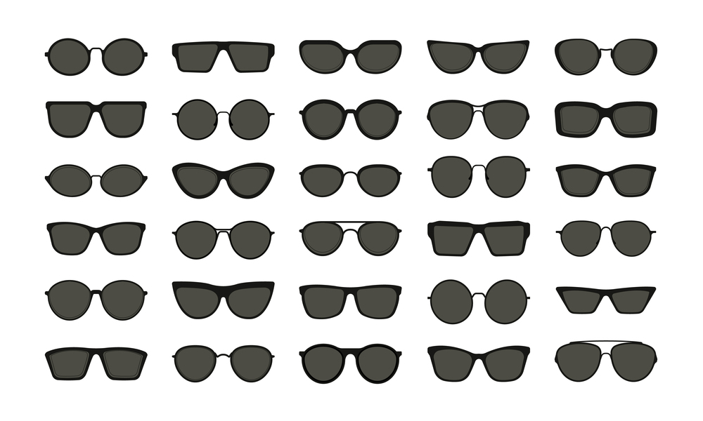 Sunglasses shapes. Black polarized hipster glasses, retro classic eyewear spectacles, modern fashion eyeglass silhouettes. Vector flat set. Stylish different accessory, dark shade for summer. Sunglasses shapes. Black polarized hipster glasses, retro classic eyewear spectacles, modern fashion eyeglass silhouettes. Vector flat set