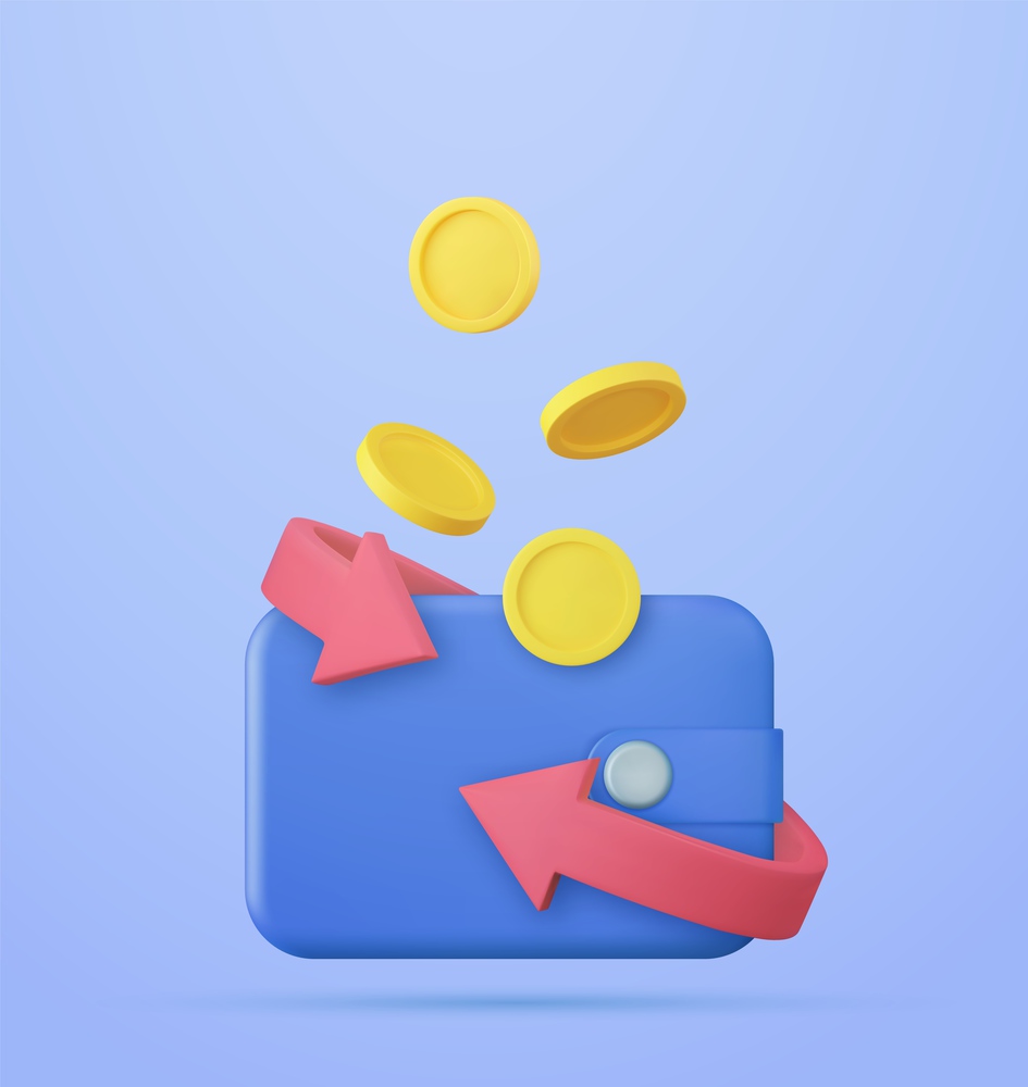 Cashback in wallet icon concept. floating with arrow debit ,credit card Finance shopping online Payments exchange. 3d rendering. Vector illustration. Cashback in wallet icon concept.