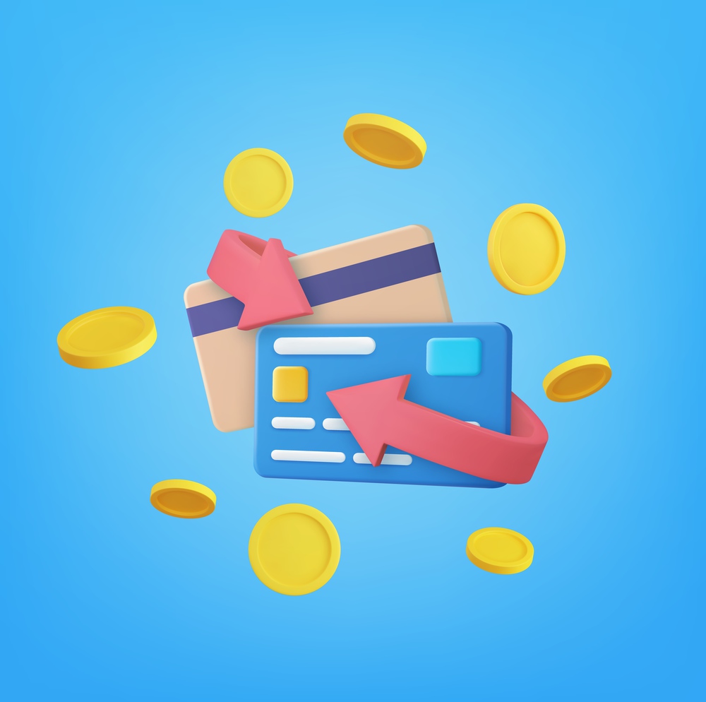 3d Cashback concept. Credit card around which money is hanging in the air. money-saving, cashless society concept. 3d rendering. Vector illustration. 3d render Credit card