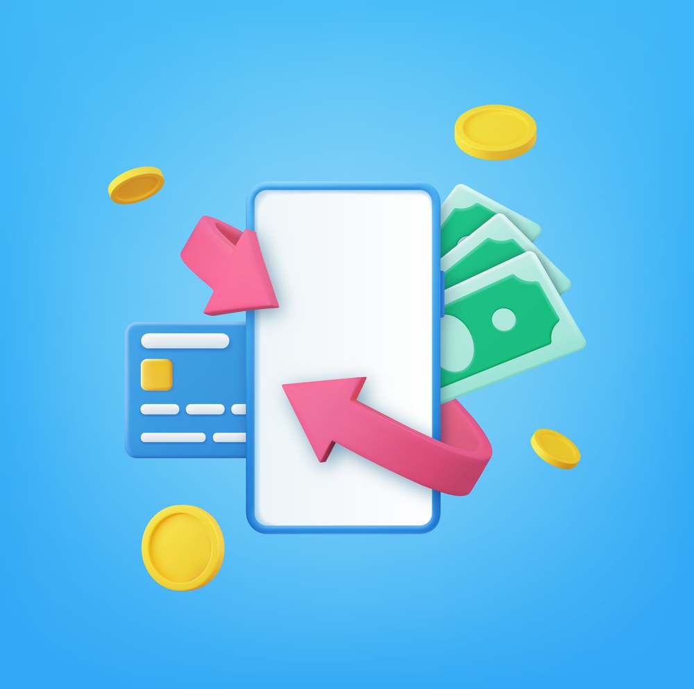 3d Cashback and money refund icon concept. banknote, credit card and coin stack with smartphone, online payment background. 3d rendering. Vector illustration. 3d Cashback and money refund icon
