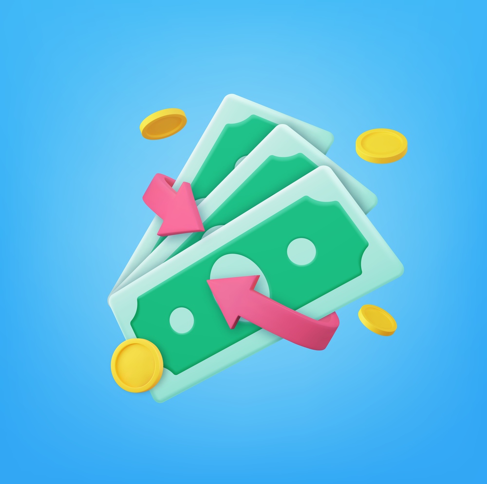 3D cashback money refund icon. online payment and money saving concept on background. 3d rendering. Vector illustration. 3D cashback money refund icon