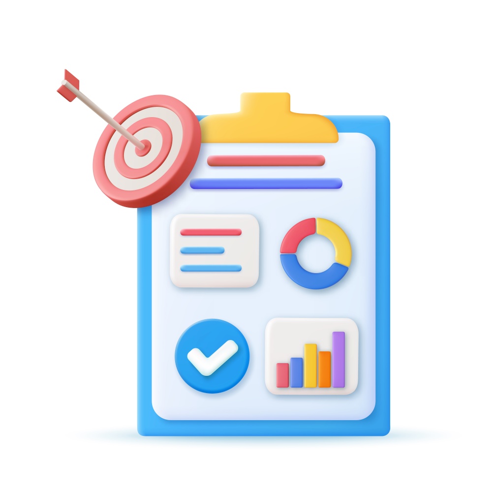 3d charts and graph with analysis business financial data, white clipboard checklist, target, darts. Online marketing, business strategy concept. 3d rendering. Vector illustration. 3d charts and graph