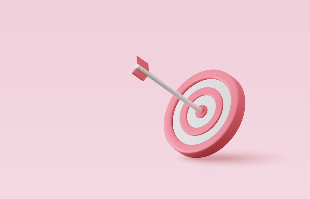 3d Arrow hit the center of target on pink pastel background. Business finance target concept. Marketing time concept. 3d rendering. Vector illustration. 3d Arrow hit the center of target