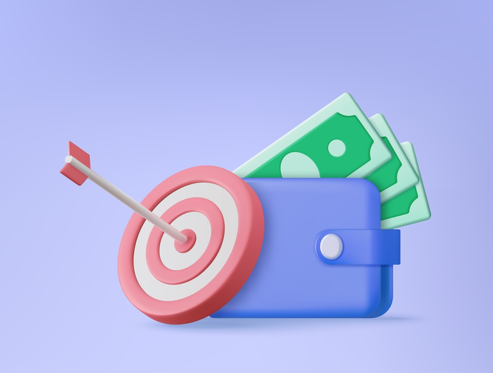 3d Wallet icon with arrow target cashback concept. marketing business finance profit. 3d rendering. Vector illustration. Wallet icon with arrow target