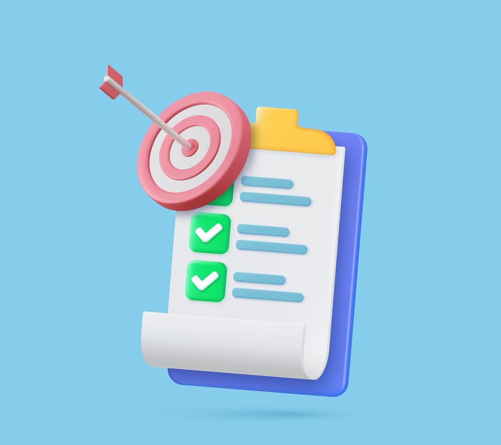 3d Clipboard, checklist symbol. Assignment target icon. Project task management and effective time planning tools. 3d rendering. Vector illustration. 3d Clipboard, checklist symbol.