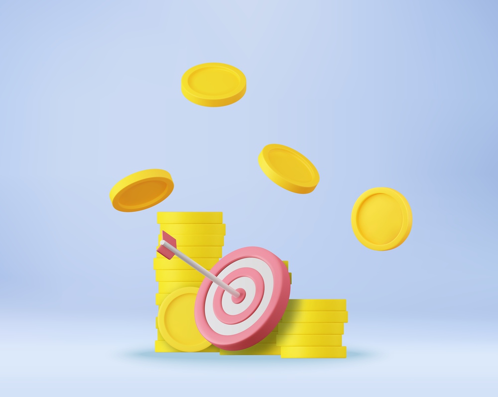 3d red target and arrows with stacks coins. Minimal style target investment goals, Marketing time and Targeting the business. 3d rendering. Vector illustration. 3d red target and arrows with stacks coins