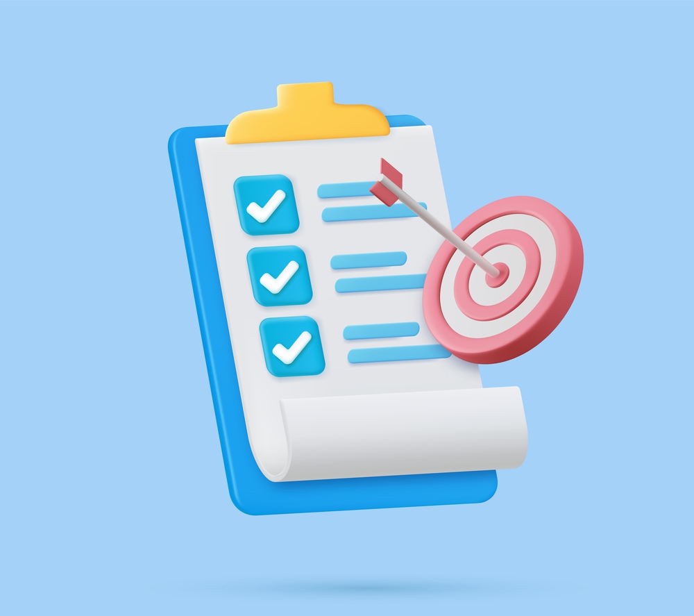 3d Clipboard, checklist symbol. Assignment target icon. Project task management and effective time planning tools. 3d rendering. Vector illustration. 3d Clipboard, checklist symbol.