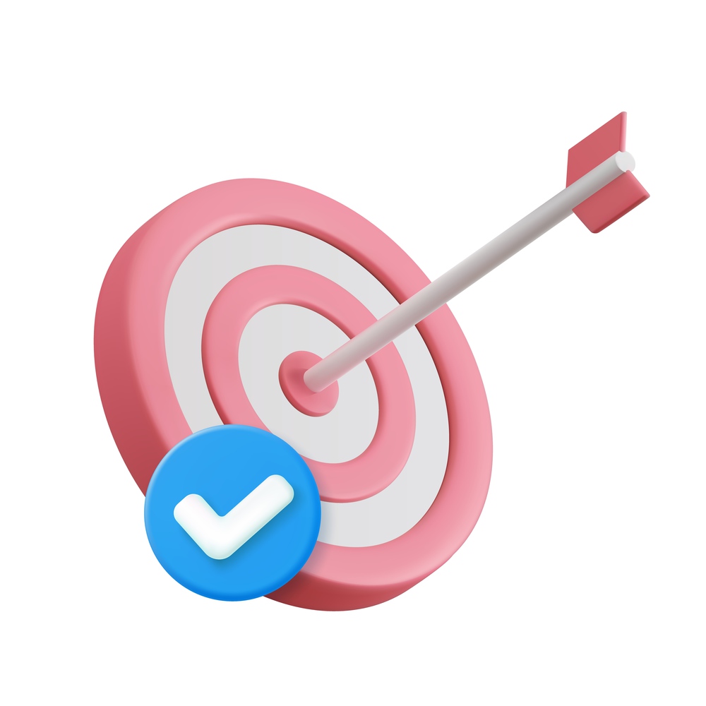 3d Arrow hit the center of target and check mark. Marketing time concept. SEO business optimisation. 3d rendering. Vector illustration. 3d Arrow hit the center of target