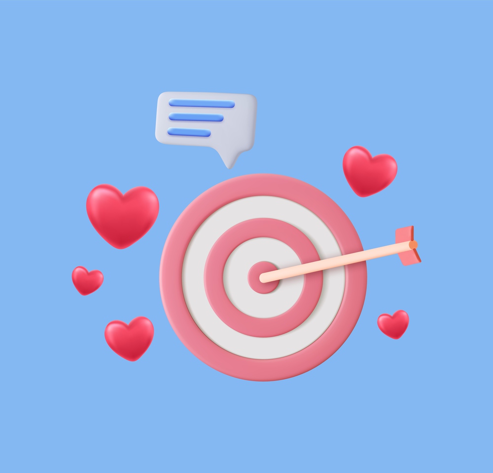 3d Dartboard with arrow at the center and red hearts, message pop-up. Concept of love and online communication. 3d rendering. Vector illustration. 3d Dartboard with arrow at the center