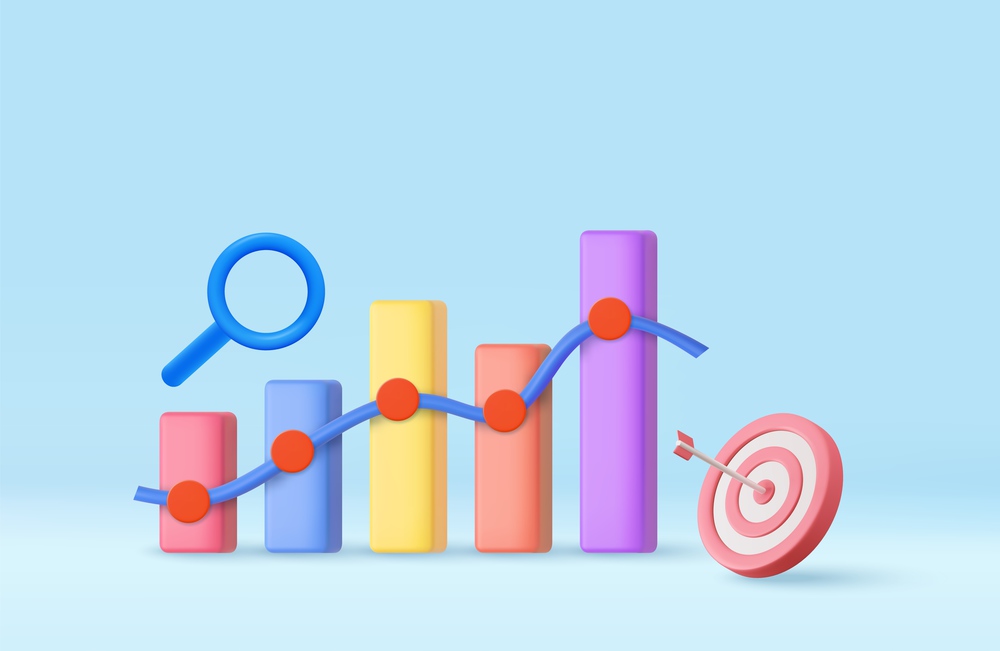 3D Stock chart and Arrow hit the center of the target. Business target achievement concept. 3d rendering. Vector illustration. 3D Stock chart and Arrow hit the center of the target.