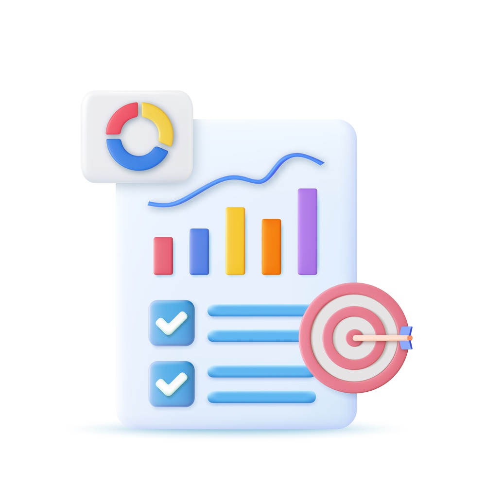 3d charts and graph with analysis business financial data, white clipboard checklist. Online marketing, business strategy concept. 3d rendering. Vector illustration. 3d charts and graph
