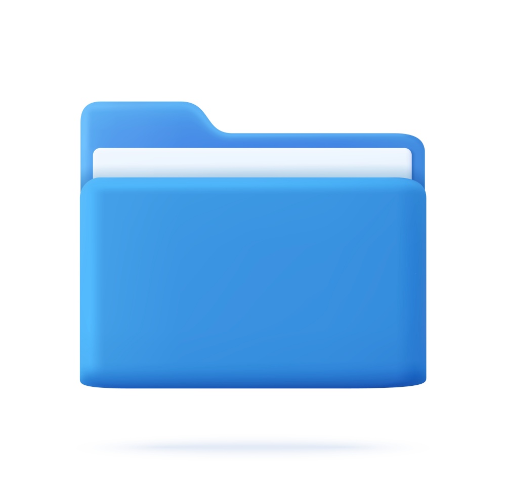 Blue portfolio folder 3d icon. Information plastic file with documentation. folder with files, paper icon. File management concept. 3d rendering. Vector illustration. Blue portfolio folder 3d icon.