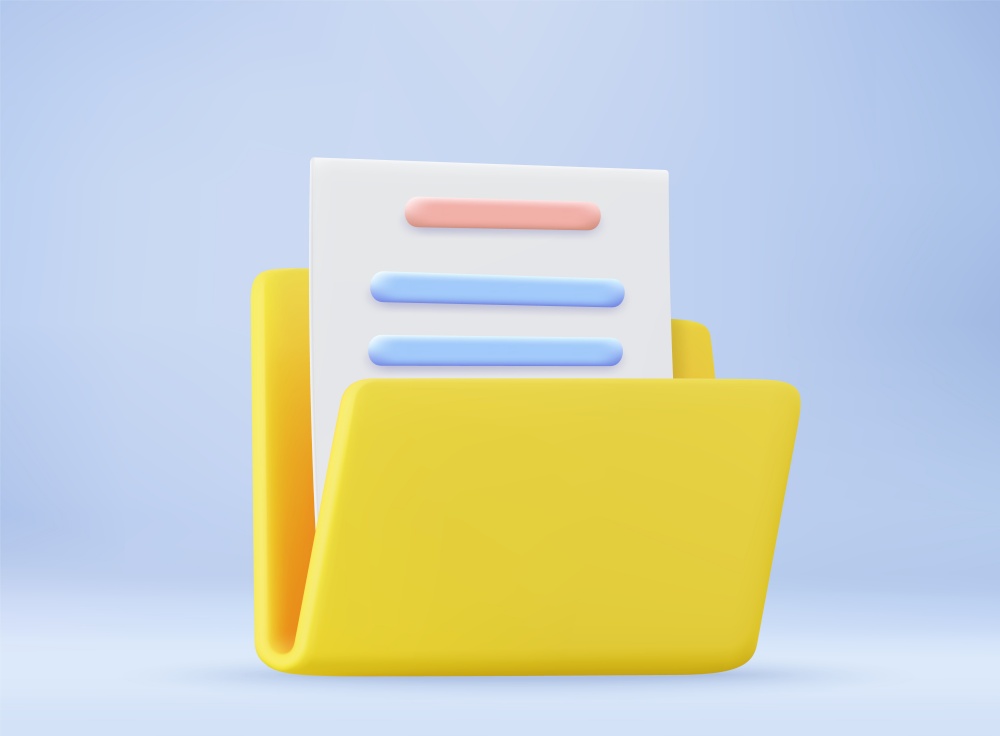 yellow portfolio folder 3d icon. Information plastic file with documentation. folder with files, paper icon. File management concept. 3d rendering. Vector illustration. yellow portfolio folder 3d icon.