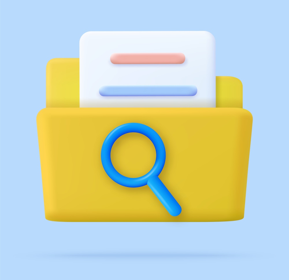 3d Magnifying glass and yellow folder with files. concept of document search. minimal design. 3d rendering. Vector illustration. 3d Magnifying glass and yellow folder with files.