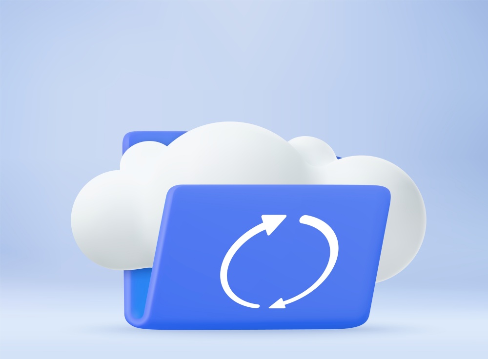 3d Cloud storage icon. Digital file organization service or app with data transfering. 3d rendering. Vector illustration. 3d Cloud storage icon.