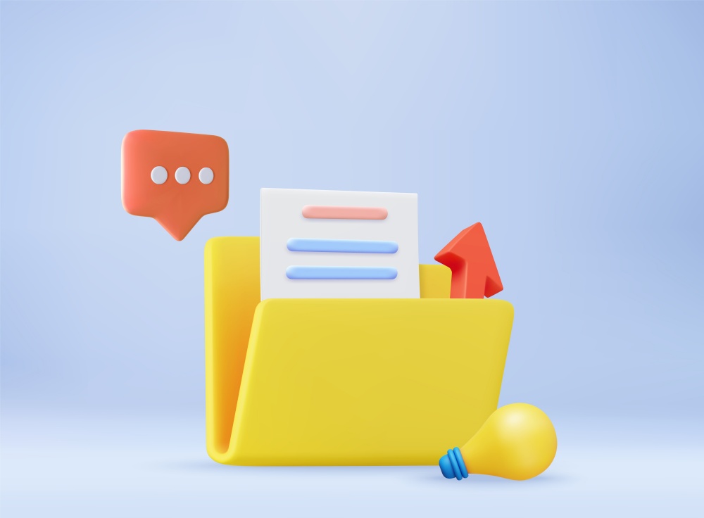 3d case archive for document, reports. Business folder, document, file icon. minimal design folder with files, paper icon. File management concept. 3d rendering. Vector illustration. 3d Business folder, document, file icon.