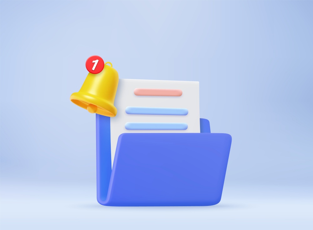 3D folder and document with notification ring icon. minimal design folder with files, paper icon. File management concept. 3d rendering. Vector illustration. 3D folder and documents