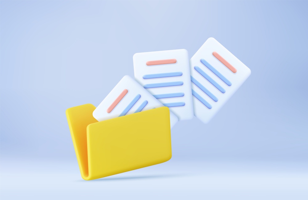 yellow computer folder with flying blank documents. minimal design folder with files, paper icon. File management concept. 3d rendering. Vector illustration. yellow computer folder