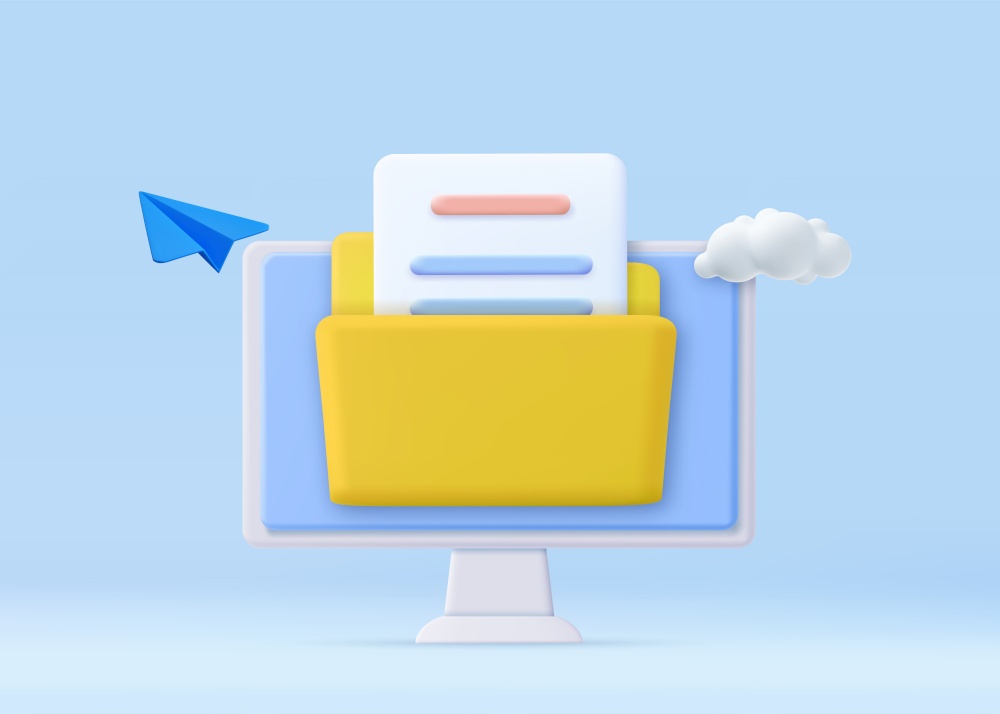 3d File transfer concept. Yellow folder with document on computer monitor. minimal design folder with files, paper icon. File management concept. 3d rendering. Vector illustration. File transfer concept.