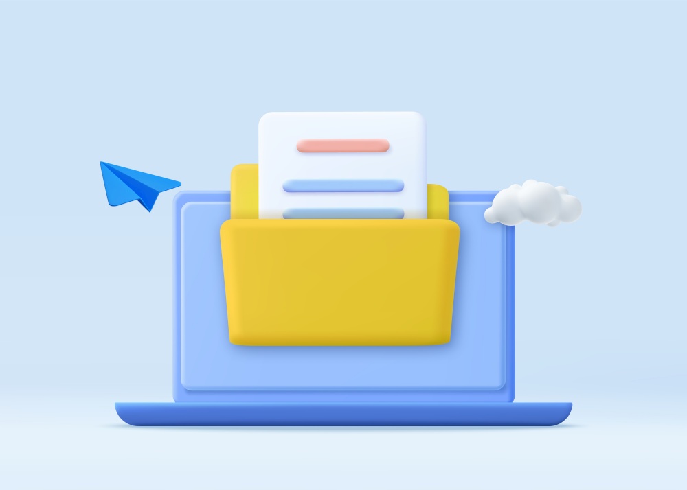 3d File transfer concept. Yellow folder with document on computer monitor. minimal design folder with files, paper icon. File management concept. 3d rendering. Vector illustration. File transfer concept.