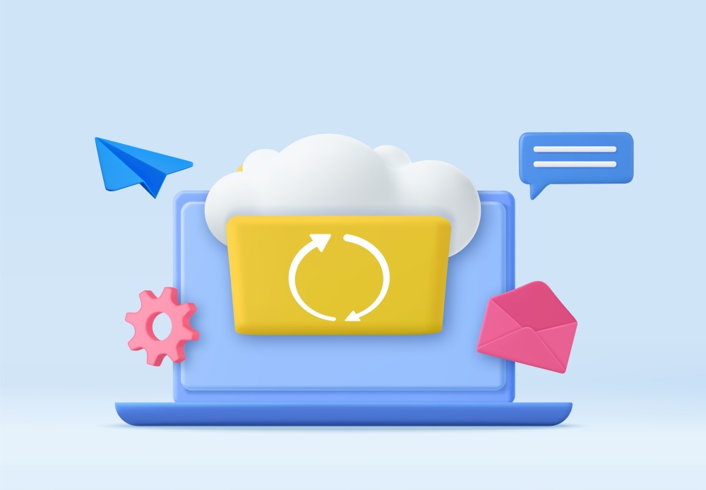 3d Cloud storage icon. Digital file organization service or app with data transfering. 3d rendering. Vector illustration. 3d Cloud storage icon.