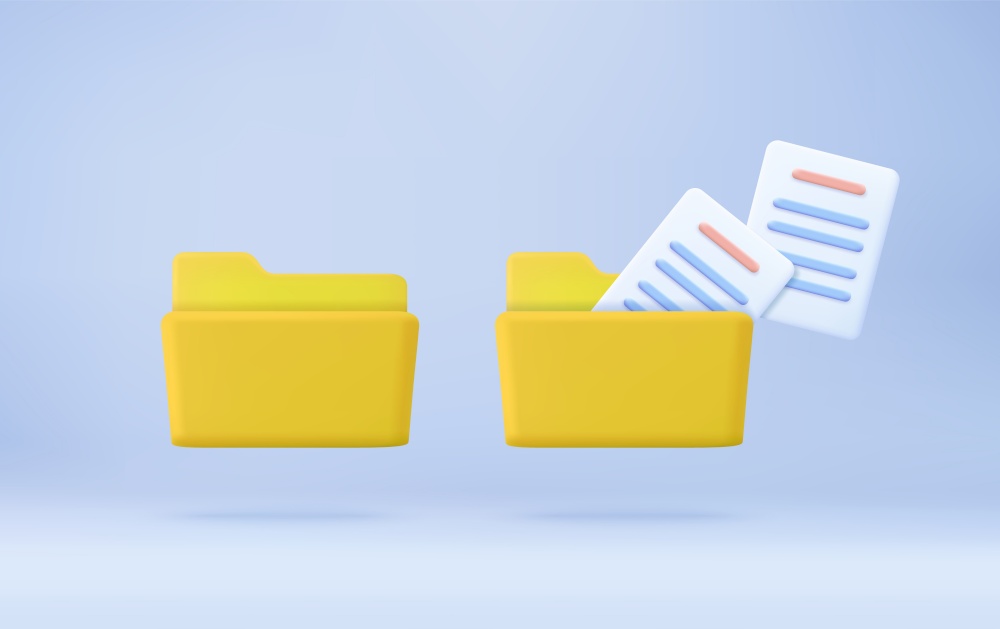 yellow computer folder with flying blank documents. minimal design folder with files, paper icon. File management concept. 3d rendering. Vector illustration. yellow computer folder