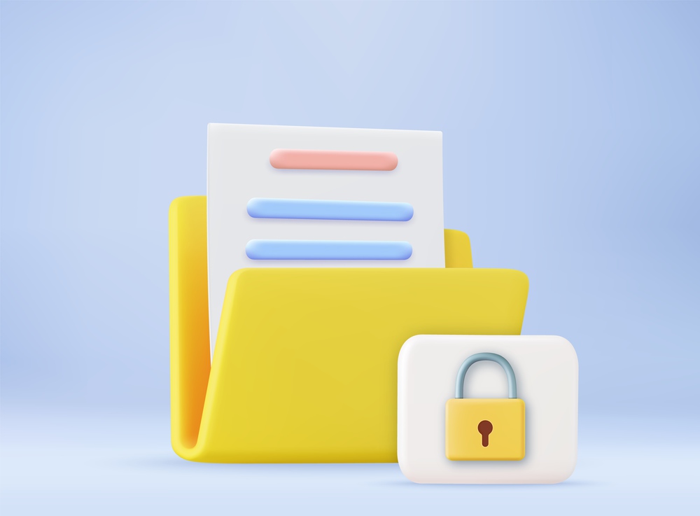 3D Folder with Lock. Personal data security concept. Protected information. File management. Database archive. 3d rendering. Vector illustration. 3D Folder with Lock.