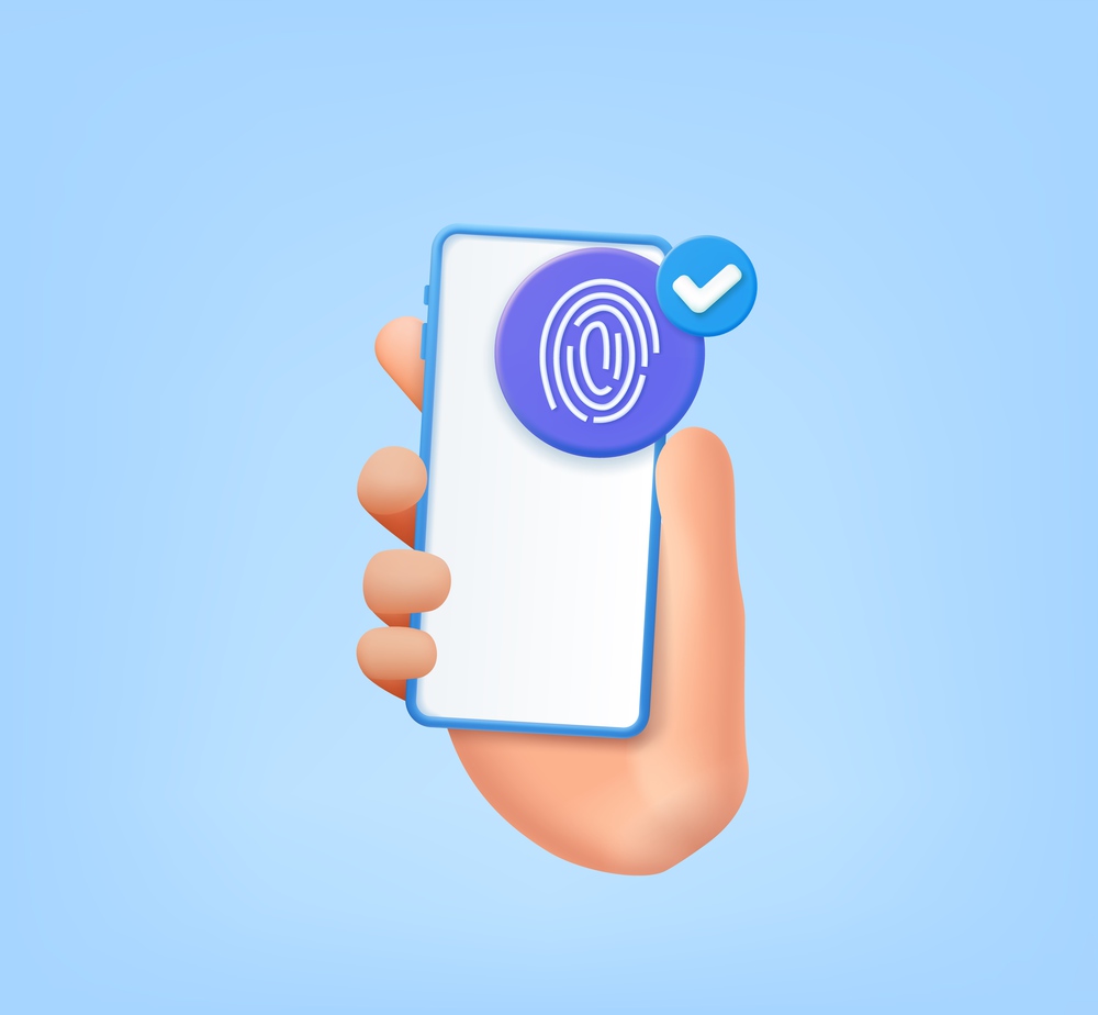 3d Electronic fingerprint on pass scanning mobile phone screen, security check in hand holding icon. finger digital security concept. 3d rendering. Vector illustration. Electronic fingerprint on pass scanning mobile phone