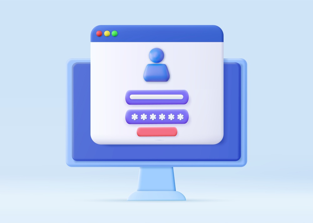 3d Computer and account login and password form page on screen. Sign in to account, user authorization, login authentication page concept. Username, password fields. 3d rendering. Vector illustration. Computer and account login and password