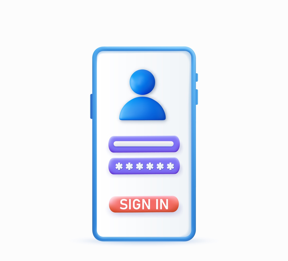 Account login and password form on smartphone app. User authorization, login authentication page, sign up concept. 3d rendering. Vector illustration. Account login and password form on smartphone app.