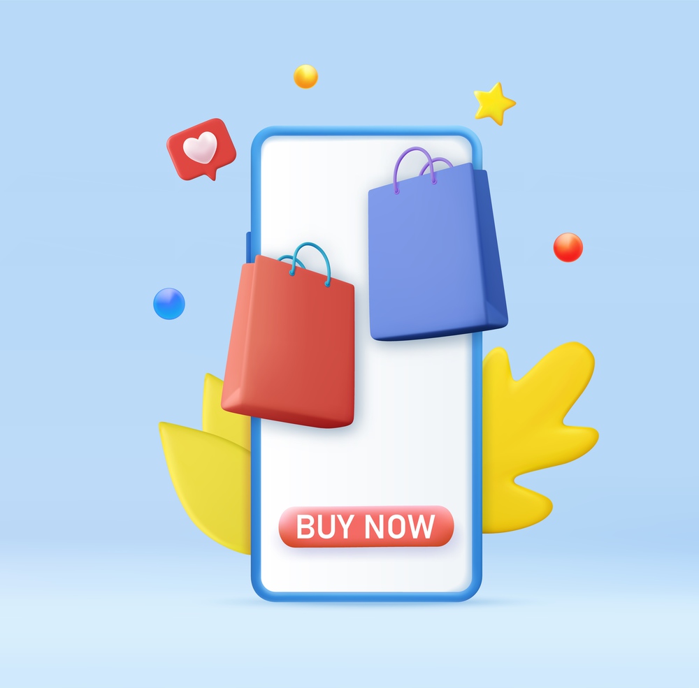 3d Online shopping on application and website concept. Mobile smart phone with shopping app. 3d rendering. Vector illustration. 3d Online shopping