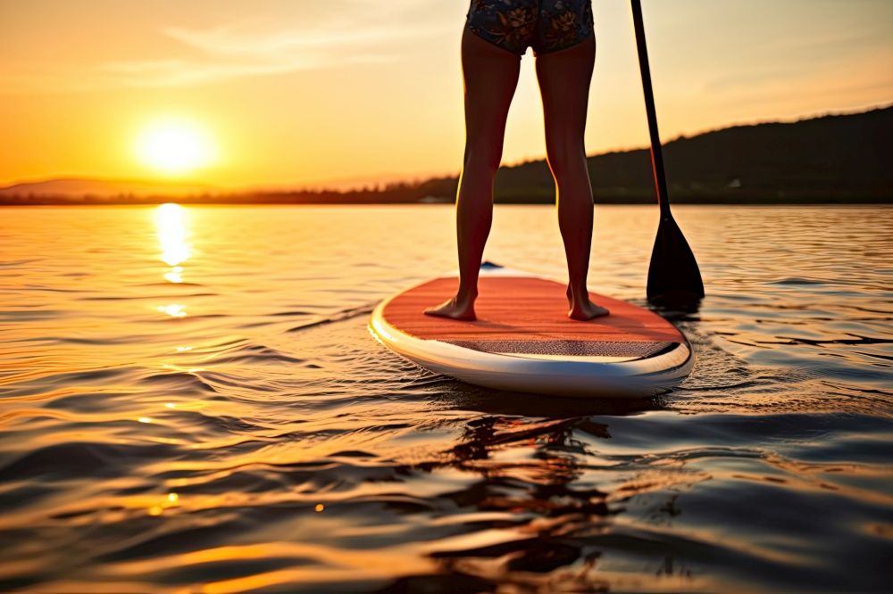 Woman standing on SUP standup paddle board paddling into sunset.. Woman standing on SUP standup paddle board paddling into sunset. Generative AI.