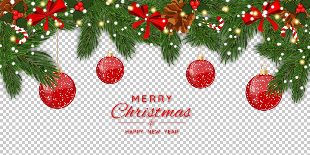 Christmas banner with fir tree branches, balls, garland, bow, candy and snowflakes. Christmas tree branches on a transparency grid background. Vector illustration.