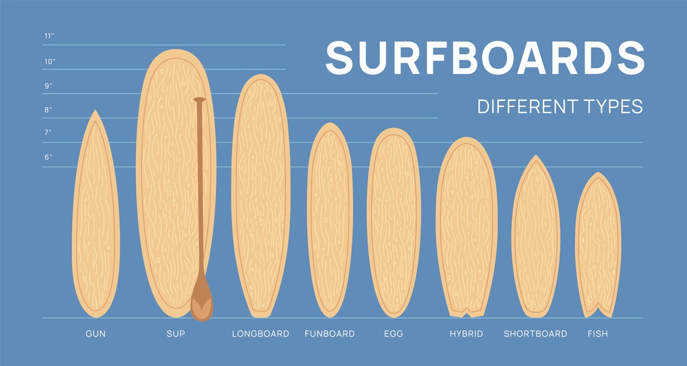 Cartoon surfboard types. Wooden boards. Water sports. Different sizes and shapes. Extreme hobby equipment infographic. Dissect waves. Surfing or paddleboarding. Sapboard with paddle. Garish vector set. Cartoon surfboard types. Wooden boards. Water sports. Different sizes and shapes. Extreme hobby equipment infographic. Surfing or paddleboarding. Sapboard with paddle. Garish vector set