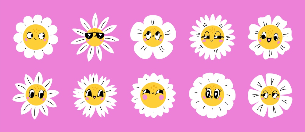 Cartoon daisy flowers with emoji. Smiling faces. Funny positive emotions. Decorative comic chamomiles. Cute blooming blossoms. Different plant petals shapes. Happy floral elements. Garish vector set. Cartoon daisy flowers with emoji. Smiling faces. Funny positive emotions. Decorative comic chamomiles. Blooming blossoms. Different petals shapes. Happy floral elements. Garish vector set
