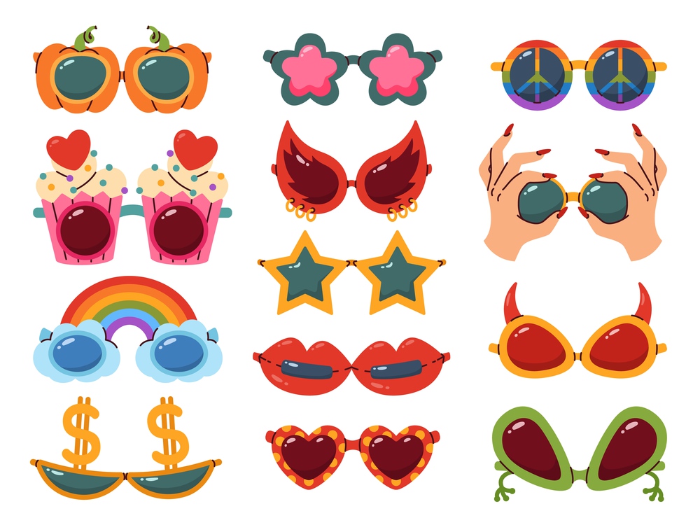 Cartoon party glasses. Funny sunglasses. Psychedelic retro optical accessories. Carnival hippy eyewears. Cute spectacles with hearts and stars. Lens shapes. Masquerade flat elements recent vector set. Cartoon party glasses. Funny sunglasses. Psychedelic retro optical accessories. Carnival hippy eyewears. Cute spectacles with hearts and stars. Masquerade flat elements recent vector set