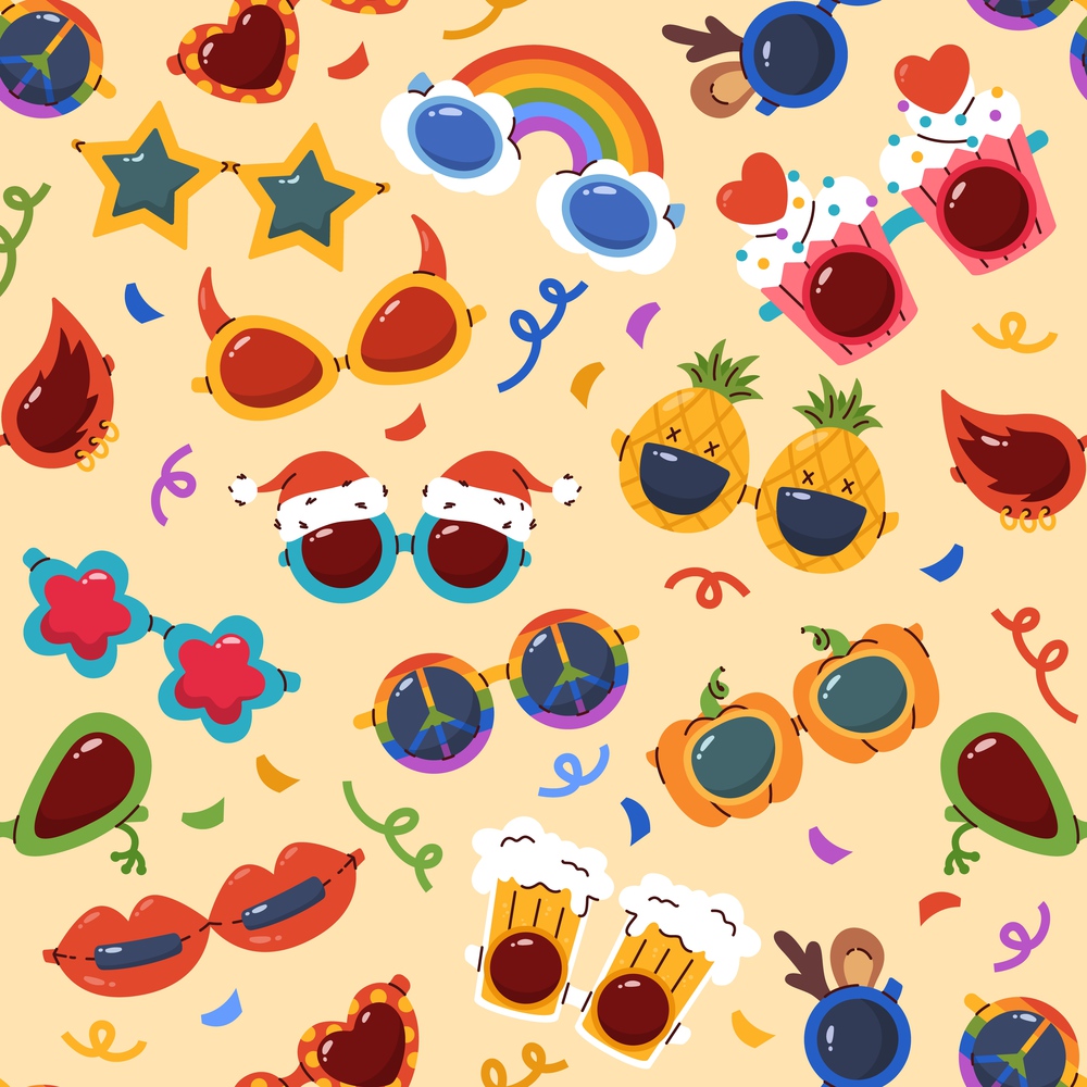 Glasses seamless pattern. Party sunglasses. Repeated masquerade spectacles. Different lens shapes frames. Print with funny carnival eyewear. Holiday accessories and confetti. Recent vector background. Glasses seamless pattern. Party sunglasses. Repeated masquerade spectacles. Different lens shapes frames. Carnival eyewear. Holiday accessories and confetti. Recent vector background