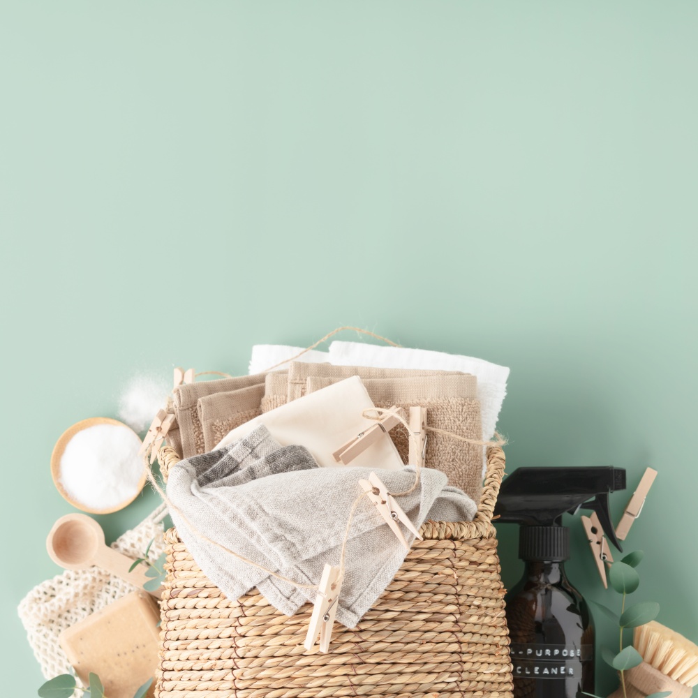 Straw wicker basket with natural cotton fabric and Ingredients DIY - soap bar and baking soda, space for a text. Eco-friendly laundry and housekeeping concept copy space