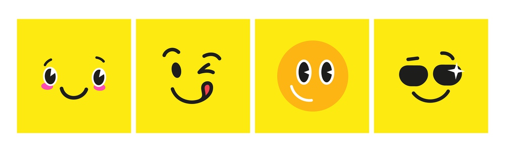 Cute cartoon faces on yellow cards. Yummy face, smile with sunglasses and embarrassed muzzle. Vector bright positive emotional elements. Illustration of happy emotion in glass. Cute cartoon faces on yellow cards. Yummy face, smile with sunglasses and embarrassed muzzle. Vector bright positive emotional elements