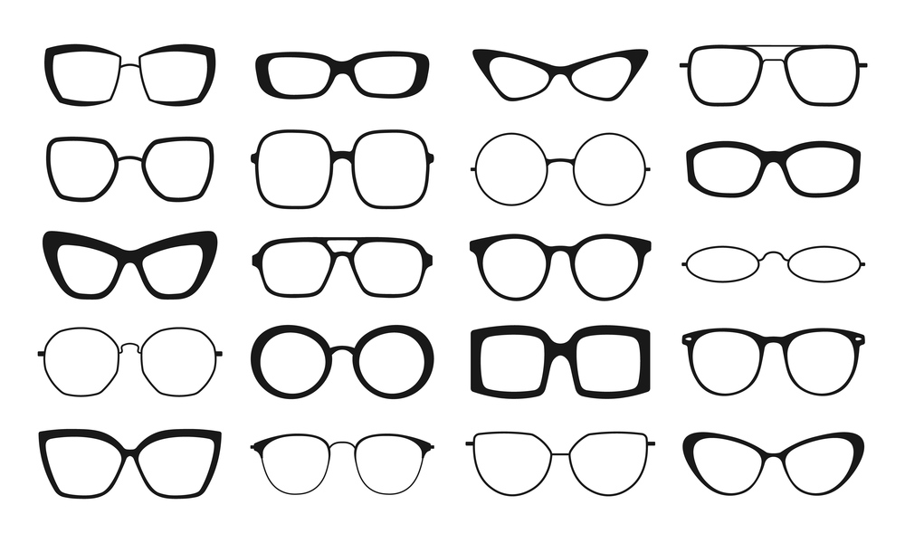Black spectacles silhouettes, glasses frames isolated. Geek eyewear icons, stylish vision. Racy sunglasses vector collection, eyes sun protection, optical eyeglasses in black rim illustration. Black spectacles silhouettes, glasses frames isolated. Geek eyewear icons, stylish vision. Racy sunglasses vector collection, eyes sun protection