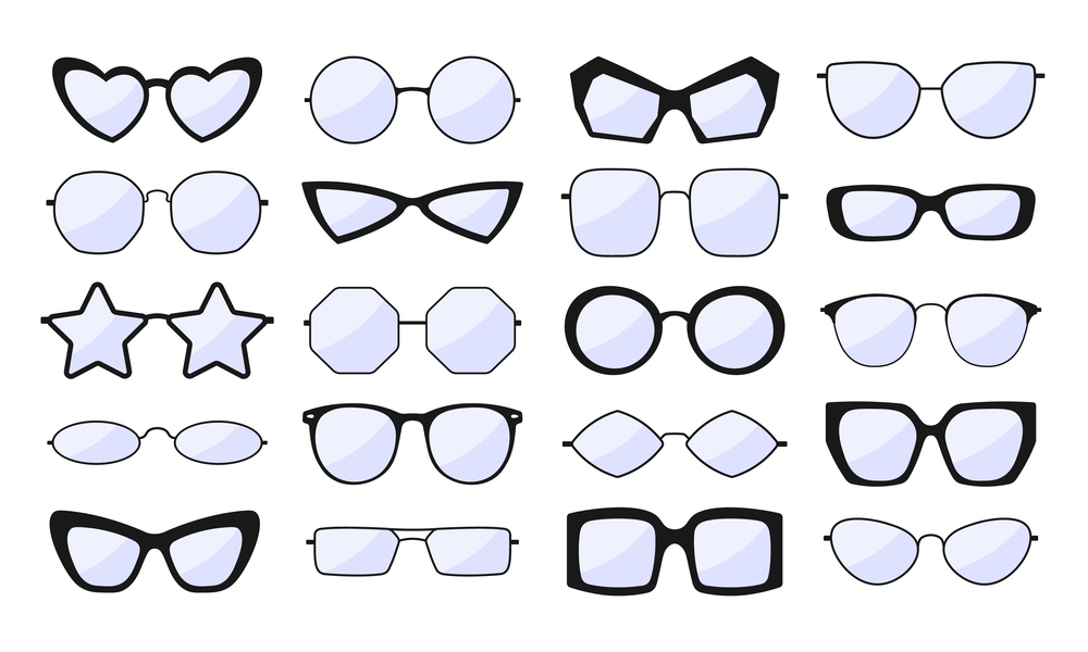 Isolated glasses icons set, black rim and glass. Eyes vision sun protection, female spectacles frames. Vintage racy vector sunglass silhouettes. Illustration of fashion frame ocular. Isolated glasses icons set, black rim and glass. Eyes vision sun protection, female spectacles frames. Vintage racy vector sunglass silhouettes