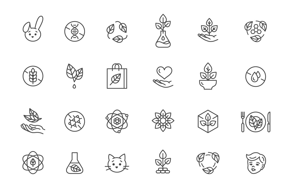 Eco icons collection. No gluten, children safe, no tested animal signs. Marks for food, clothes, plastic, kitchen and cosmetics. Fresh vector symbols or icon of natural eco product mark illustration. Eco icons collection. No gluten, children safe, no tested animal signs. Marks for food, clothes, plastic, toys, kitchen tools and cosmetics. Fresh organic vector symbols